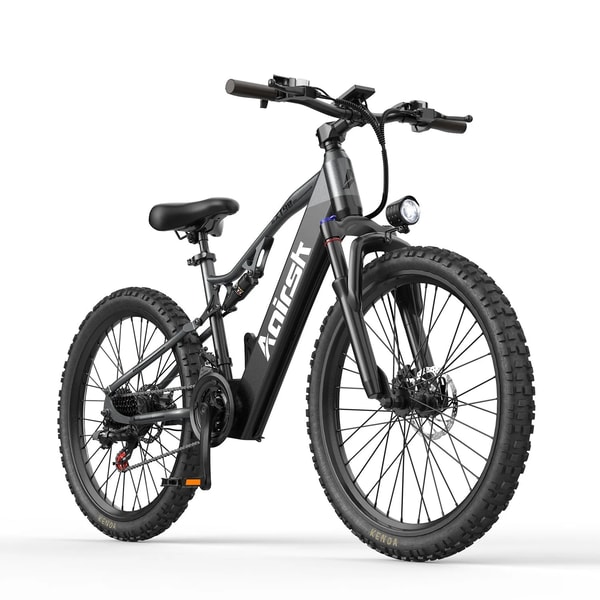 Aairsk XT90 black electric mountain bike shown from the front three-quarter angle with 26 inch fat tires, front headlight and full suspension