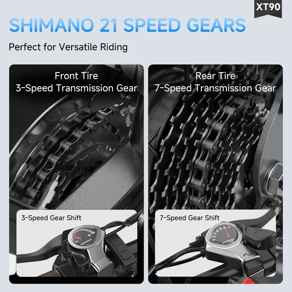 Aairsk XT90 Shimano 21-versnellings grafiek die de voorste drieversnellings- en achterste zevenversnellings transmissie met versnellingshendels toont