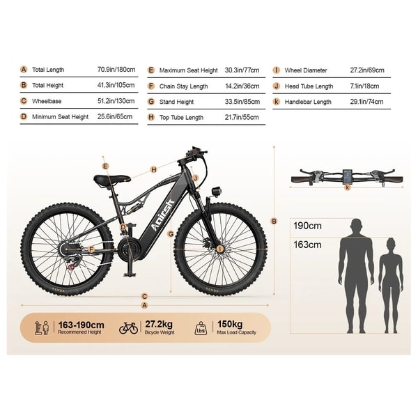 Aairsk XT90 afmetingen diagram dat frame-afmetingen, stuurlengte, wieldiameter, rijderslengte, fietsgewicht en maximaal laadvermogen toont