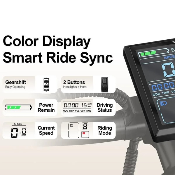 Aairsk XT90 kleurenlcd-display illustratie die accuniveau, huidige snelheid, kilometerstand, rijmodus en versnellingsinstellingen toont