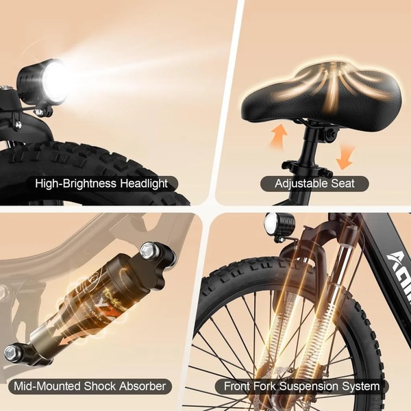 Aairsk XT90 functiecollage die de heldere koplamp, verstelbaar zadel, midden gemonteerde schokdemper en voorvorkvering toont