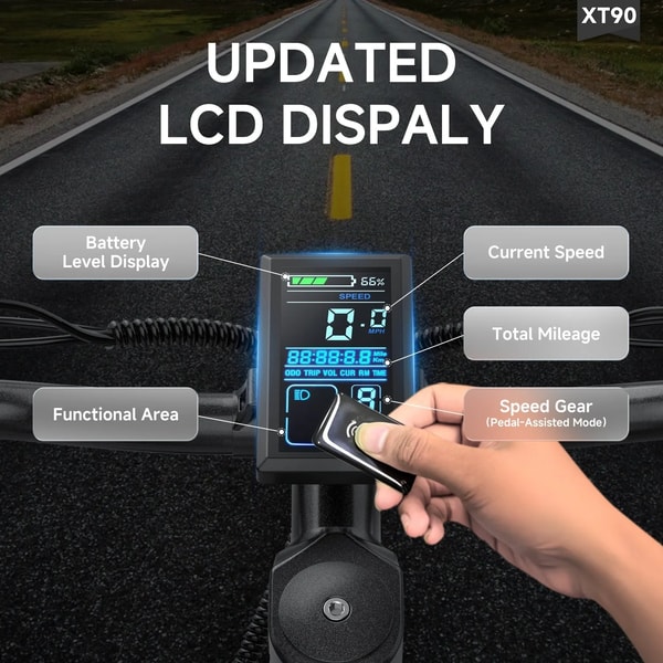 Aairsk XT90 bijgewerkt lcd-display close-up die accuniveau, huidige snelheid, totale kilometerstand, functioneel gebied en trapondersteuningsversnelling toont
