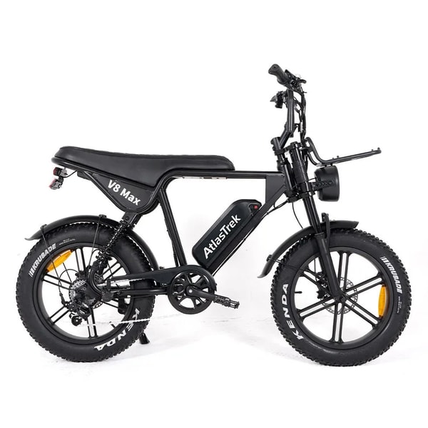 Zwarte AtlasTrek V8 Max elektrische fatbike getoond in zijaanzicht met 20 bij 4 inch banden, volledige vering en lang zadel