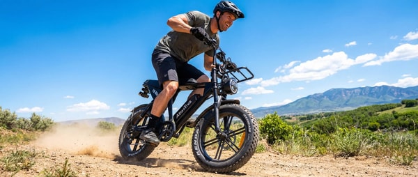Rijder die een AtlasTrek V8 Max elektrische fatbike rijdt op een stoffig bergpad met een berglandschap