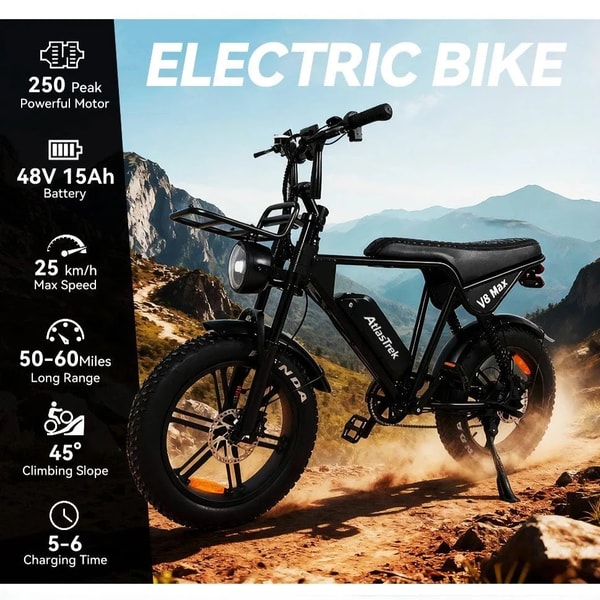 AtlasTrek V8 Max elektrische fiets functiegrafiek met een opsomming van een 250 watt piekmotor, 48 volt 15 ampère-uur accu, 25 kilometer per uur snelheid, 50 tot 60 mijl actieradius en 45 graden klimhoek