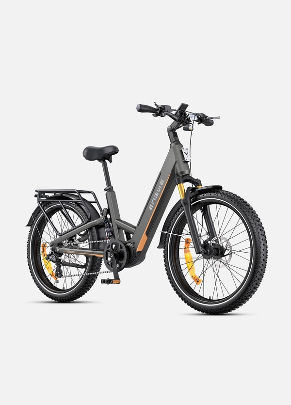 Engwe E26 3.0 Pro gray electric bike shown from the front three-quarter angle with gold suspension fork, headlight and wide tires