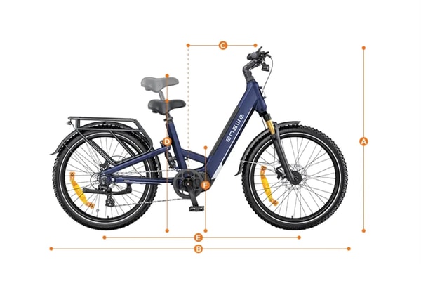 Engwe E26 3.0 Pro blauwe elektrische fiets maatschema met gelabelde stuurhoogte, lengte, reach, zadelhoogte, wielbasis en instaphoogte