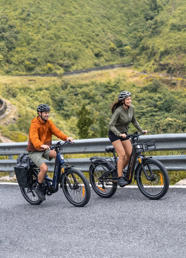 Blauwe Engwe E26 3.0 Pro elektrische fiets met een achterste fietstas geparkeerd op een bospad