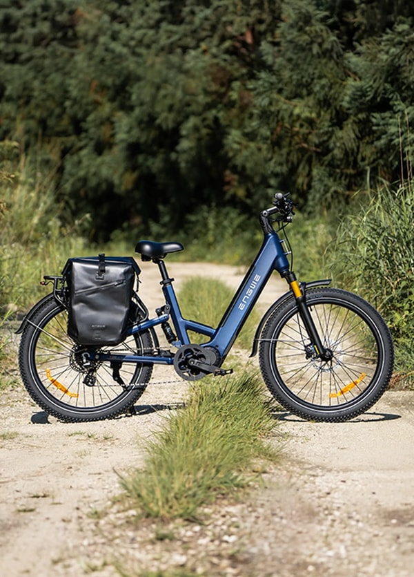 Blauwe Engwe E26 3.0 Pro elektrische fiets met beladen achterste fietstassen geparkeerd op een bergweg