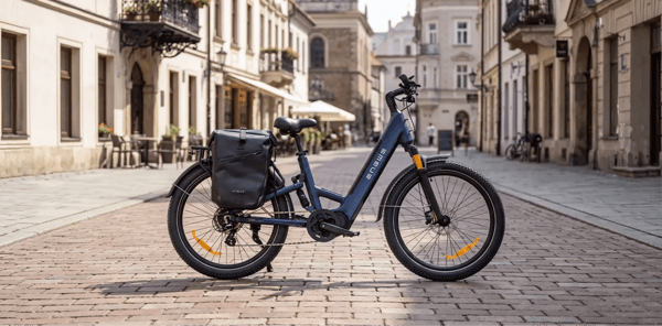 Blauwe Engwe E26 3.0 Pro elektrische fiets met een fietstas staand op een klinkerstraat in de stad