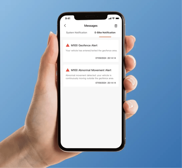 Engwe E26 3.0 Pro smartphone app-scherm dat geofencing en meldingen bij abnormale beweging toont