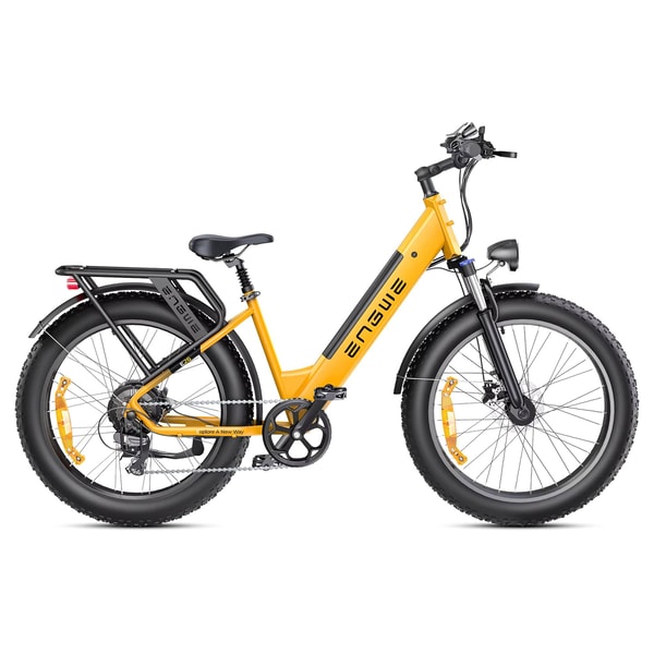 Yellow Engwe E26 ST electric fat bike shown in side profile with step-through frame, rear rack, full fenders, front suspension and wide tires