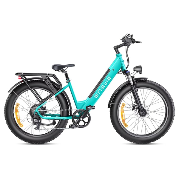 Groene Engwe E26 ST elektrische fatbike getoond in zijaanzicht met instapframe, bagagedrager, volledige spatborden, voorvering en brede banden