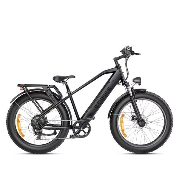 Black Engwe E26 electric fat bike shown in side profile with rear rack, full fenders, front suspension, rear suspension seatpost and wide tires