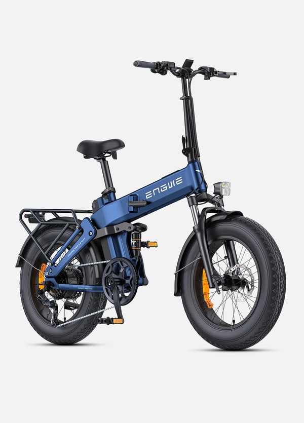 Blue Engwe Engine Pro 3.0 Boost folding electric fat bike shown from a three-quarter angle with folding frame, front suspension fork, rear shock absorber, rear rack, headlight and 20 inch fat tires