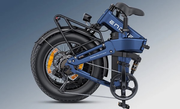 Close-up of the rear section of the blue Engwe Engine Pro 3.0 Boost folding fat bike showing the rear rack, coil rear shock absorber, battery, cassette, derailleur and disc brake