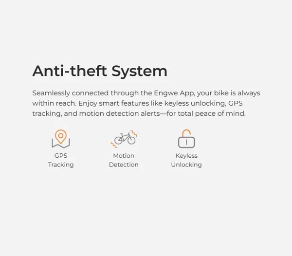 Engwe Engine Pro 3.0 Boost anti-theft system graphic showing GPS tracking, motion detection and keyless unlocking through the Engwe App