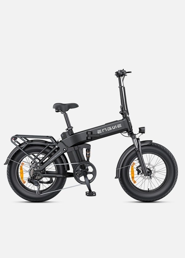 Black Engwe Engine Pro 3.0 Boost folding electric fat bike shown in side profile with folding frame hinge, front suspension fork, rear shock absorber, rear rack, headlight and fat tires