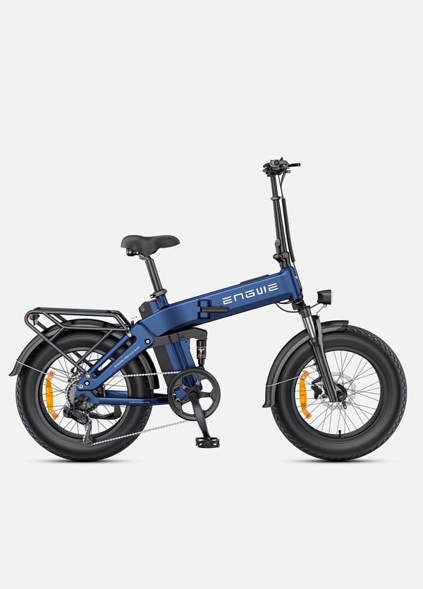 Blue Engwe Engine Pro 3.0 Boost folding electric fat bike shown in side profile with folding frame hinge, front suspension fork, rear shock absorber, rear rack, headlight and 20 inch fat tires