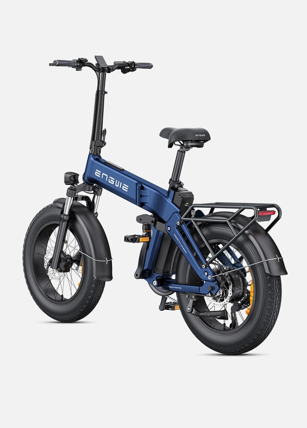 Blue Engwe Engine Pro 3.0 Boost folding electric fat bike shown from the rear three-quarter angle with rear rack, red tail light, folding frame hinge, rear shock absorber, dual headlight and 20 inch fat tires