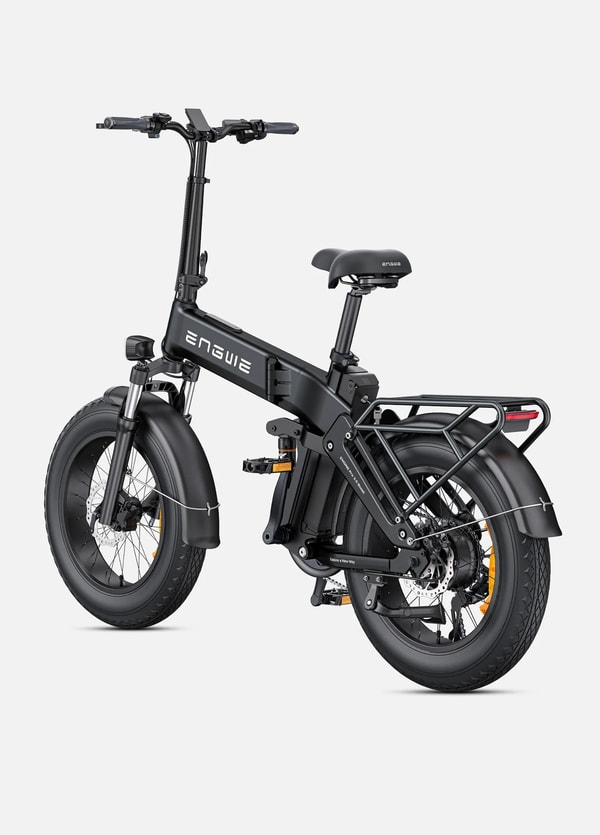 Black Engwe Engine Pro 3.0 Boost folding electric fat bike shown from the rear three-quarter angle with rear rack, red tail light, folding frame hinge, rear shock absorber, dual headlight and 20 inch fat tires