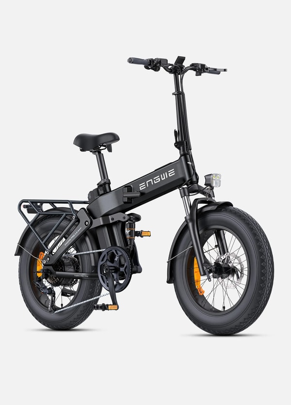 Black Engwe Engine Pro 3.0 Boost folding electric fat bike shown from a three-quarter angle with folding frame, front suspension fork, rear shock absorber, rear rack, dual headlight and 20 inch fat tires
