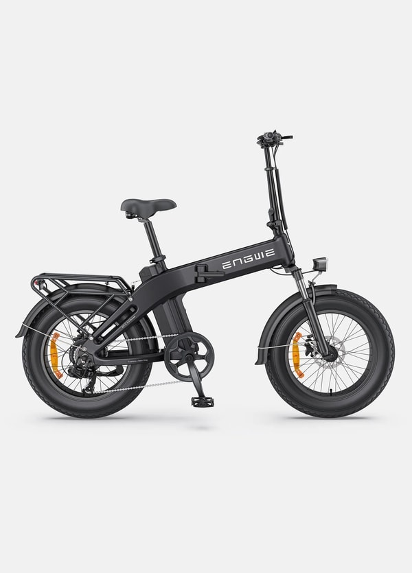 Engwe EP-2 3.0 Boost black folding electric fat bike shown in side profile with a rear cargo rack, front suspension and wide tires