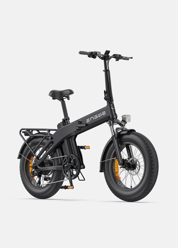 Engwe EP-2 3.0 Boost black folding electric fat bike shown in side profile with a rear cargo rack, front suspension, fenders and fat tires