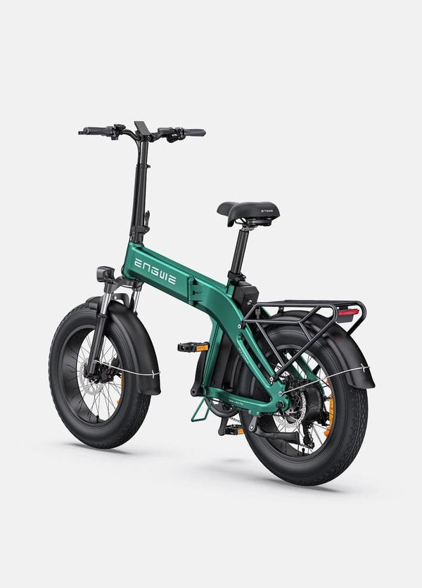 Engwe EP-2 3.0 Boost green folding electric fat bike shown from the rear three-quarter angle with a rear rack, rear light, fenders and folding frame