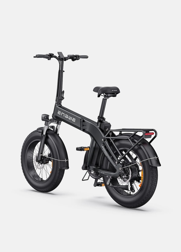 Engwe EP-2 3.0 Boost black folding electric fat bike shown from the rear three-quarter angle with a rear rack, rear light, fenders and folding frame