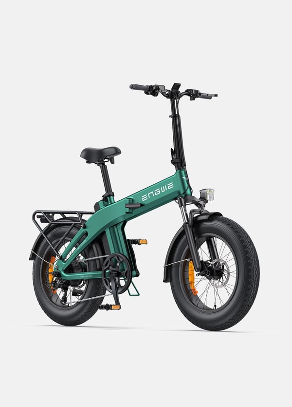 Engwe EP-2 3.0 Boost green folding electric fat bike shown from the front three-quarter angle with a headlight, front suspension and hydraulic disc brake