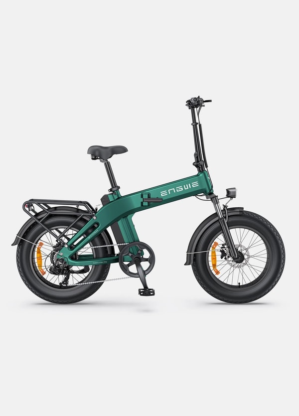 Engwe EP-2 3.0 Boost green folding electric fat bike shown in side profile with the folding frame hinge, rear cargo rack, front suspension and fat tires