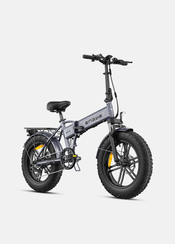 Gray Engwe EP-2 BOOST folding electric fat bike shown from the front three-quarter angle with headlight, suspension fork and rear rack
