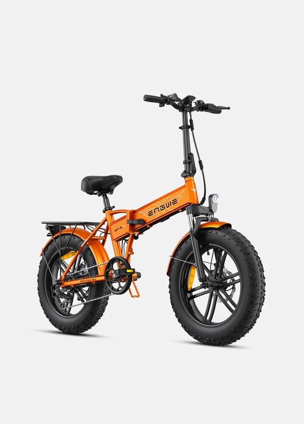 Orange Engwe EP-2 Pro electric fat bike shown from the front three-quarter angle with front suspension, headlight, folding frame and rear rack