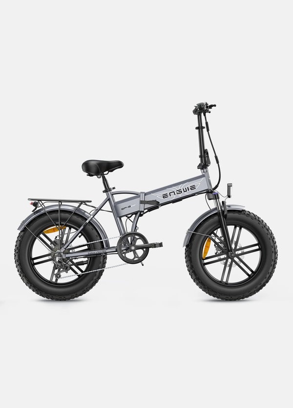 Grijze Engwe EP-2 Pro elektrische fatbike getoond in een volledig productoverzicht met opvouwbaar frame, verwijderbare accu, bagagedrager en 20 inch fatbike banden