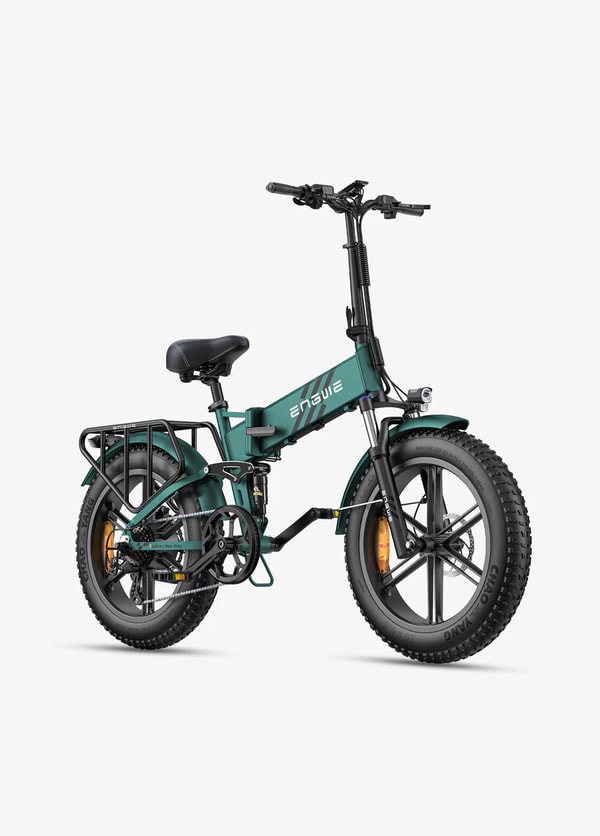 Green Engwe Engine Pro 2.0 folding electric fat bike shown from the front three-quarter angle with rear rack, full fenders, front suspension and wide tires