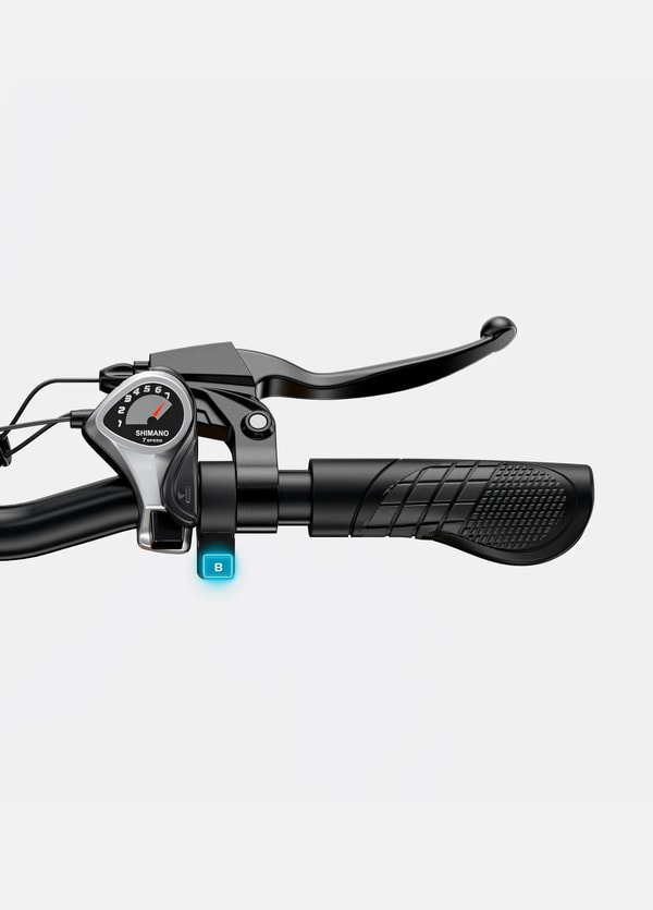 Engwe Engine Pro 2.0 stuur close-up die de Shimano 7-versnellingschakelaar, remhendel en getextureerde grip toont