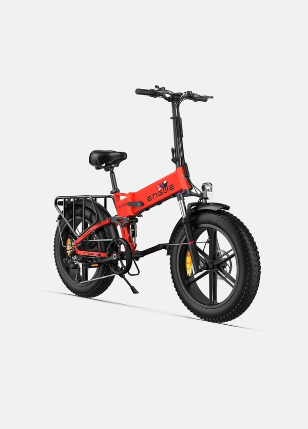 Red ENGWE Engine X folding electric fat bike shown from the front three-quarter angle with rear cargo rack, front suspension, headlight and fat tires