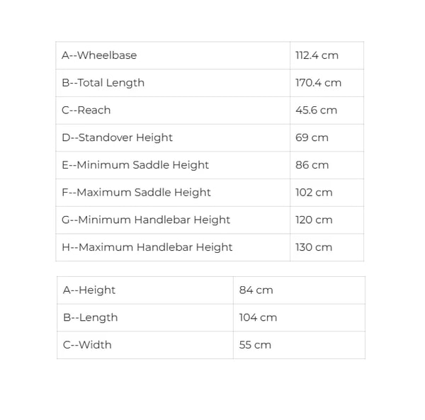 ENGWE Engine X meettabel met wielbasis 112,4 centimeter, totale lengte 170,4 centimeter, reach 45,6 centimeter, instaphoogte 69 centimeter en zadel- en stuurhoogtebereiken