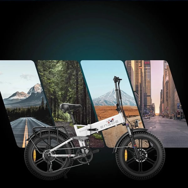 ENGWE Engine X elektrische fatbike lifestyle grafiek die rijomgevingen toont, waaronder bergwegen, bospaden, open landschappen en stadsstraten
