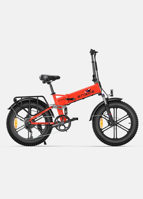 Rode ENGWE Engine X opvouwbare elektrische fatbike getoond in zijaanzicht met achterste bagagedrager, dubbele vering, voorste koplamp en brede banden