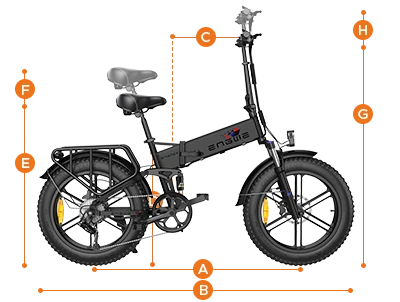 ENGWE Engine X afmetingen diagram dat wielbasis, totale lengte, reach, instaphoogte, zadelhoogte en stuurhoogte metingen toont