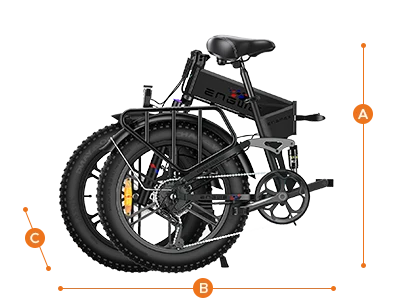 ENGWE Engine X opgevouwen afmetingen diagram dat opgevouwen hoogte, opgevouwen lengte en opgevouwen breedte metingen toont