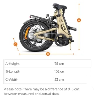 Engwe L20 3.0 Pro opgevouwen fiets afmetingen diagram dat 78 centimeter hoogte, 102 centimeter lengte en 53 centimeter breedte toont
