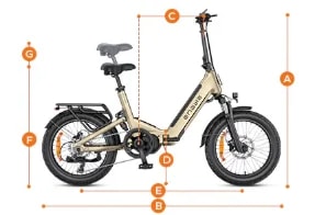Engwe L20 3.0 Pro elektrische fiets afmetingen diagram dat totale hoogte, lengte, wielbasis en zadelafmetingen toont