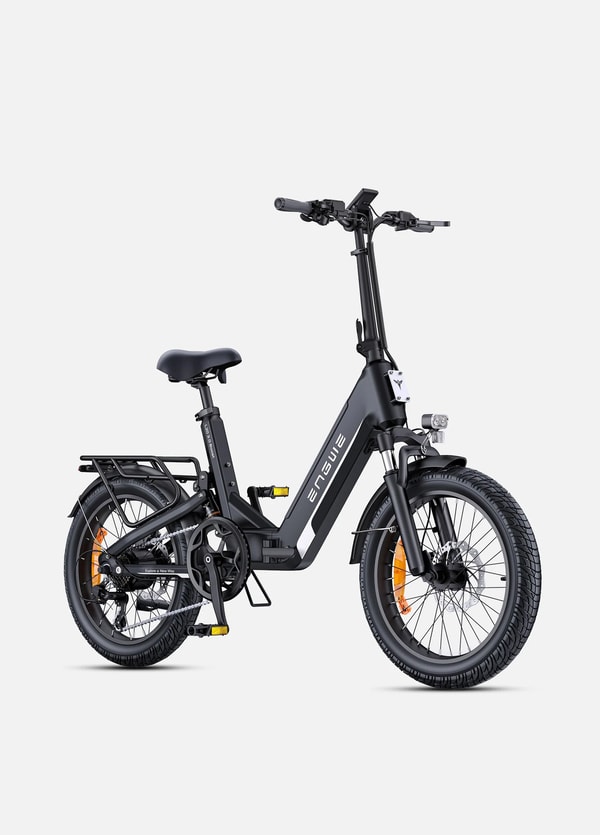 Black Engwe L20 3.0 Boost step-through electric bike shown from the front three-quarter angle with headlight, suspension fork and rear rack