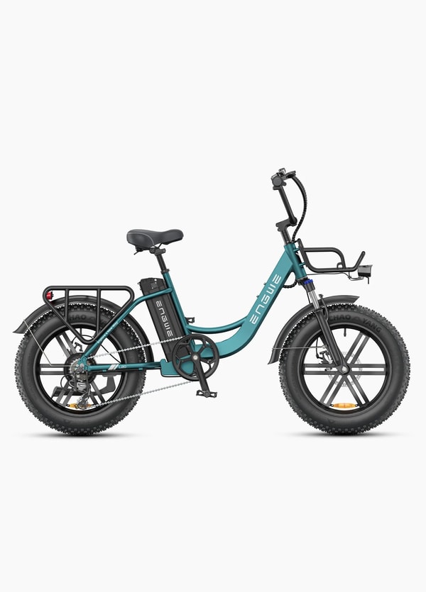 Green Engwe L20 Boost step-through electric fat bike shown in side profile with rear rack, front cargo rack, full fenders and removable battery