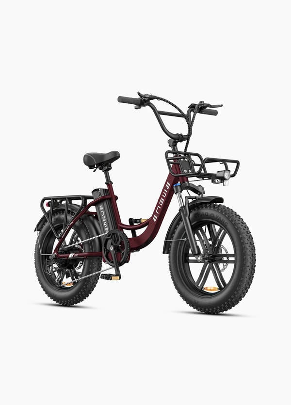 Rode Engwe L20 Boost elektrische instap-fatbike getoond vanuit een driekwart vooraanzicht met voorste bagagedrager, koplamp, volledige spatborden en fatbike banden
