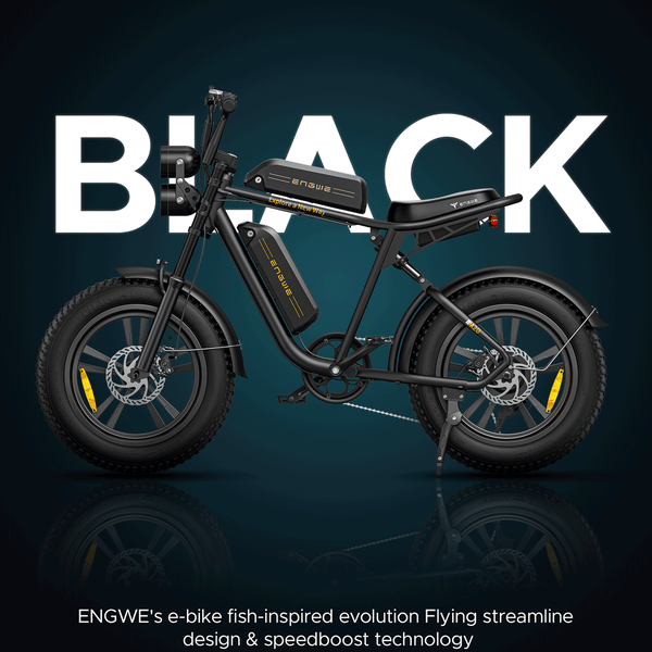 Geanimeerde Engwe M20 elektrische fatbike met dubbele accu promotiegrafiek die het zwarte model en het gestroomlijnde avontuurlijke ontwerp toont
