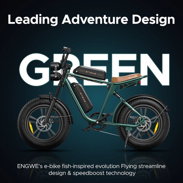Engwe M20 elektrische fatbike met dubbele accu promotiegrafiek die het groene model met avontuurlijke styling en brede banden toont